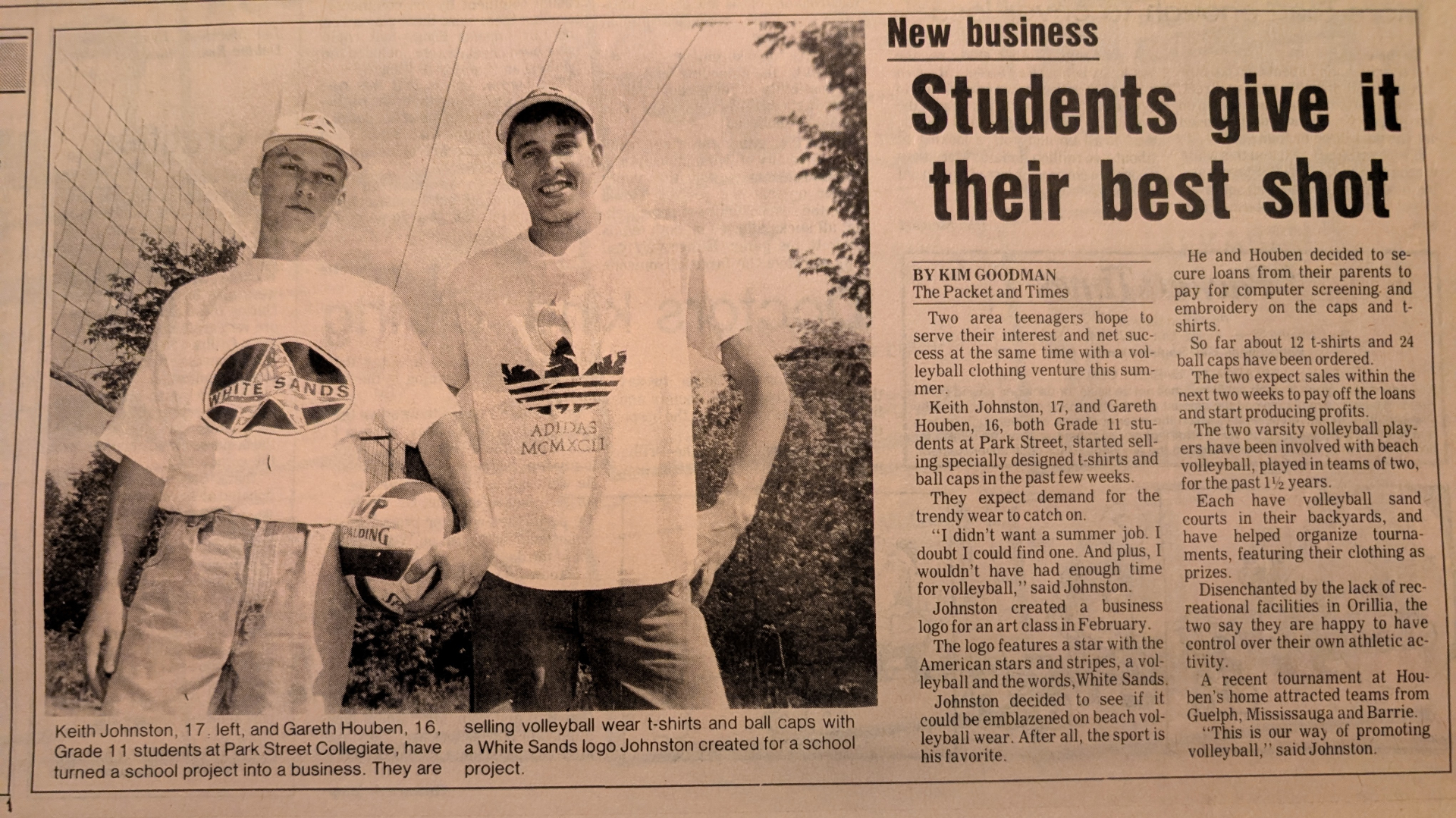 1993 newspaper clipping from The Packet and Times: 'Students give it their best shot' featuring Gareth Houben and Keith Johnston launching the original White Sands volleyball apparel brand.